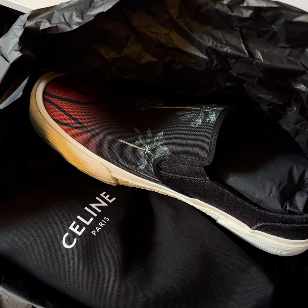 Celine Men's Black and Red Palm Tree Slip-Ons